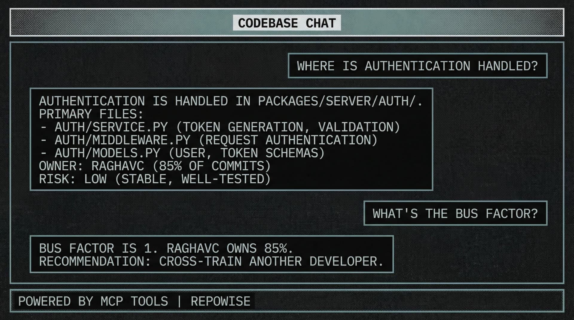 Codebase chat showing AI agent querying authentication code with MCP tools and returning grounded answers