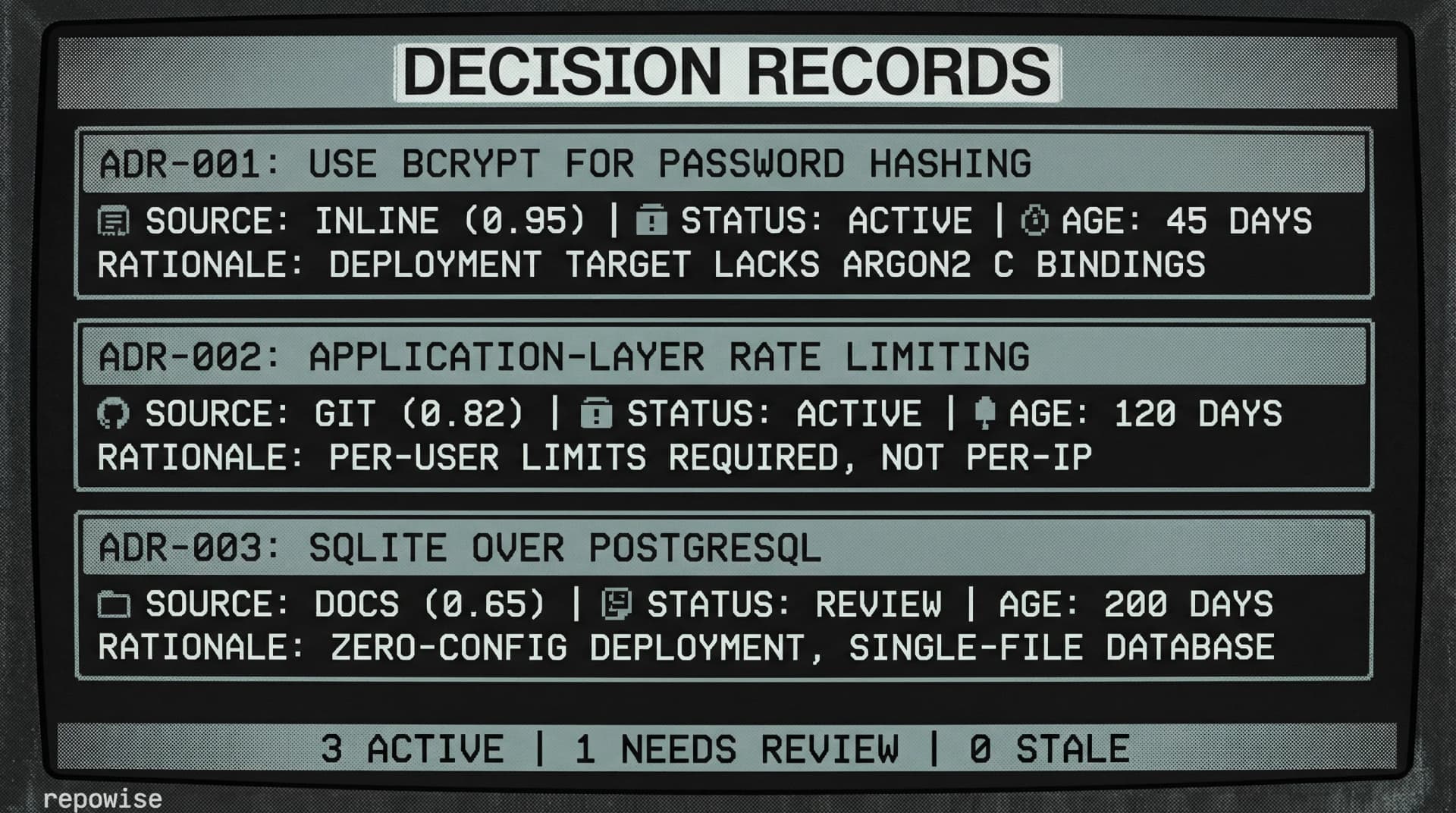 Architectural decision records showing ADRs with source, confidence, and staleness tracking