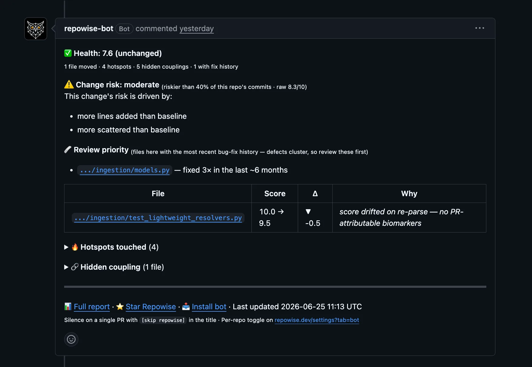 A Repowise pull-request comment on GitHub, listing the contracts the pull request changed, every caller of them outside the diff, and the co-change partners it did not touch.