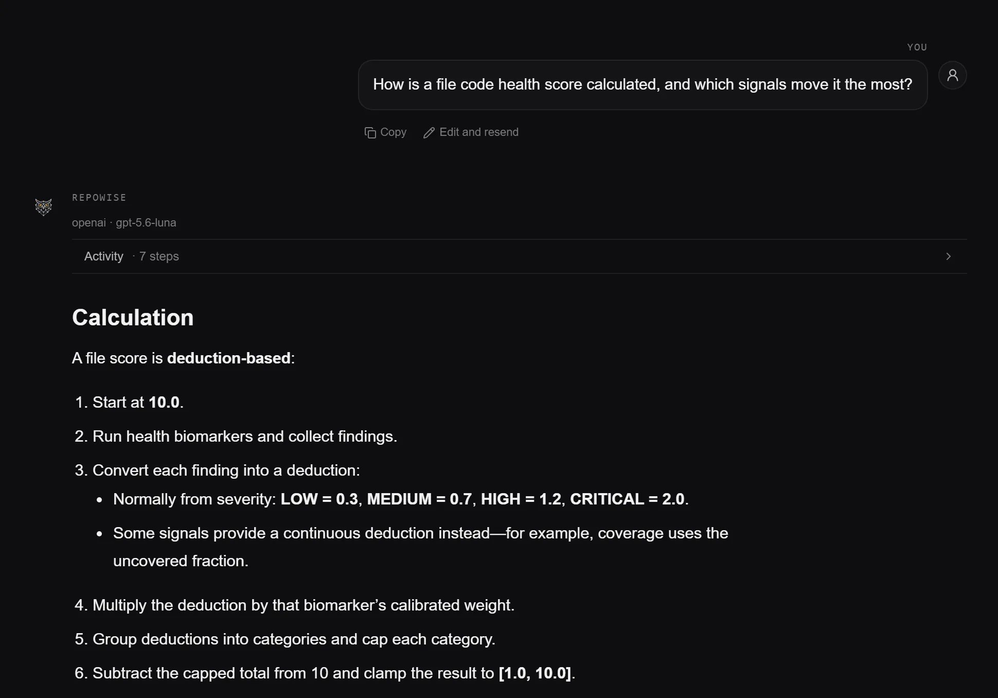 A Repowise answer to how a file code health score is calculated, built from seven tool steps over the repowise-dev/repowise index.