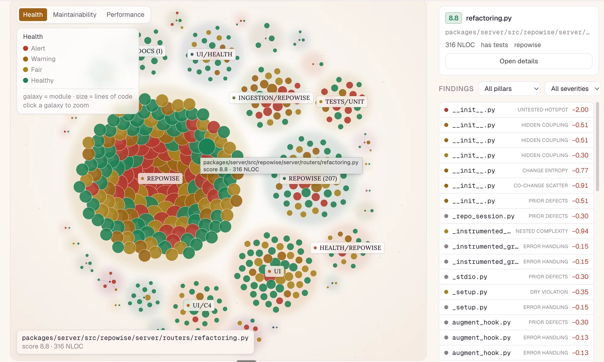 The code-health dashboard: score ring, band split, and the ranked file table beneath it.