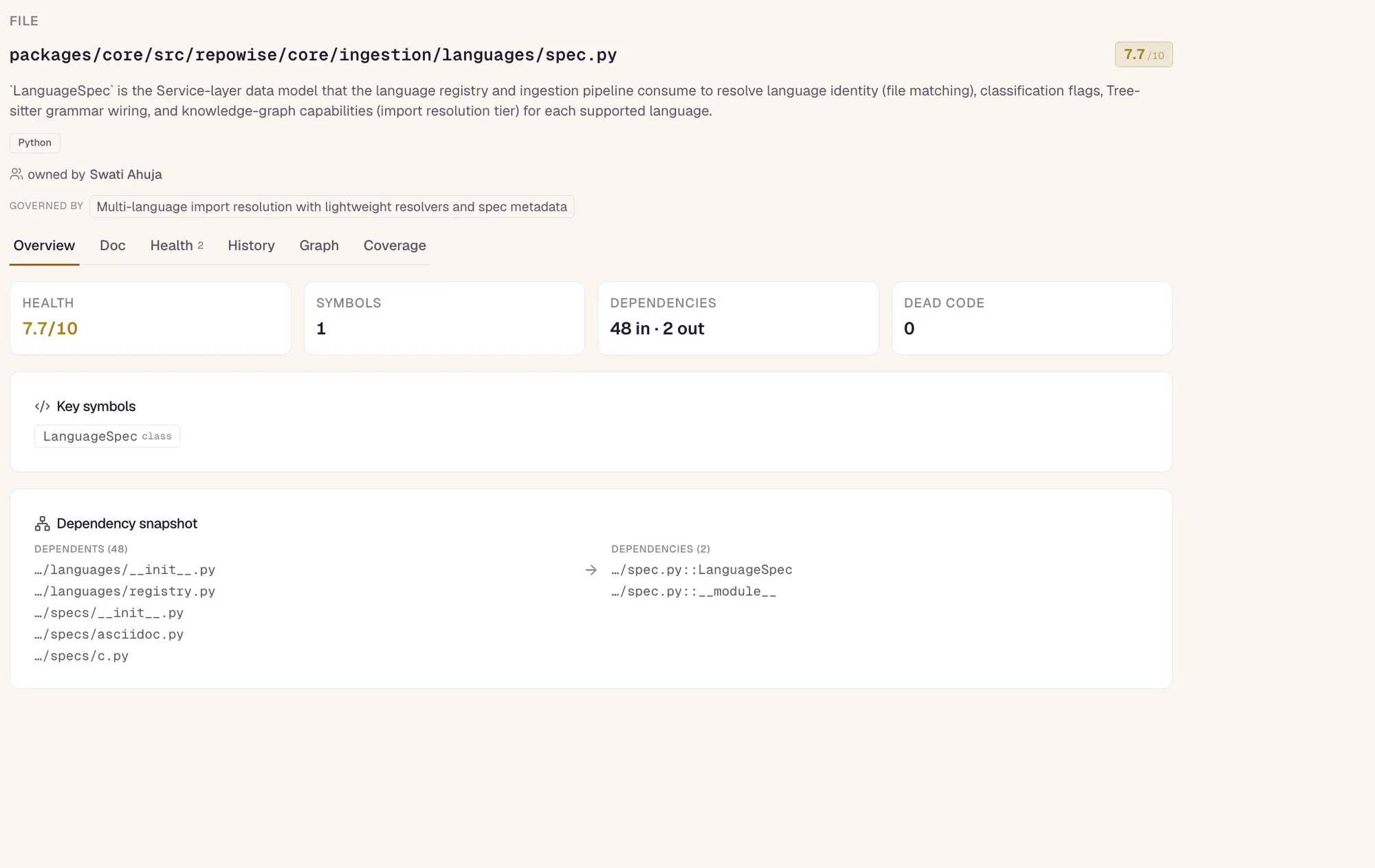 Repowise file intelligence showing source, ownership, health, decisions, and dependencies.