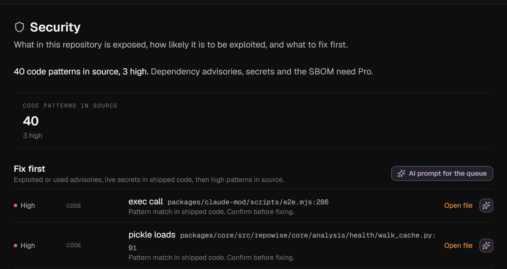 Repowise security for repowise-dev/repowise: code patterns in source and a fix-first queue with the file and line of each finding.