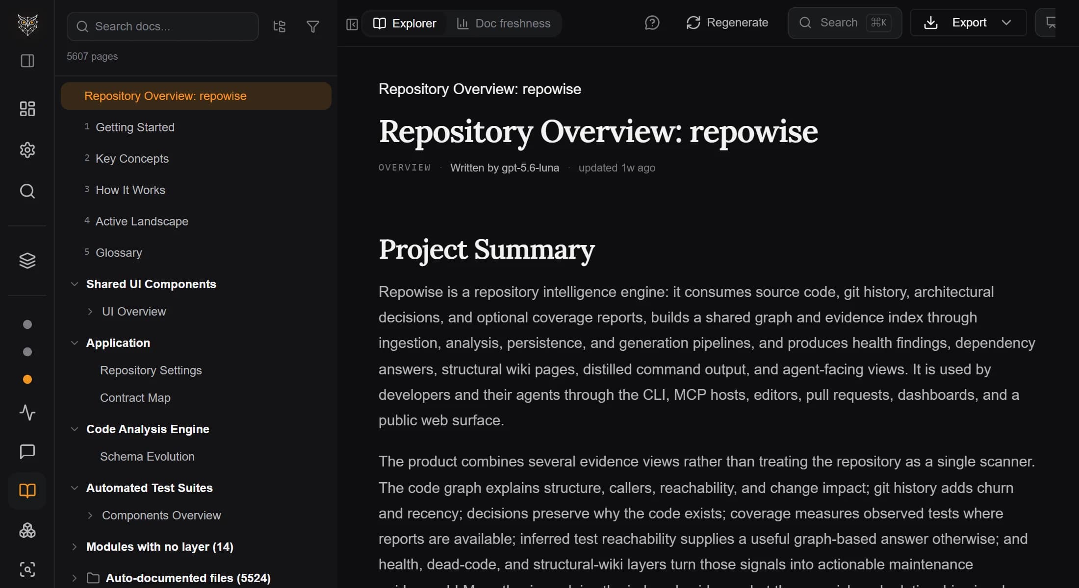 The Repowise docs view for its own repository: a generated overview page beside the navigation of 5,607 pages.
