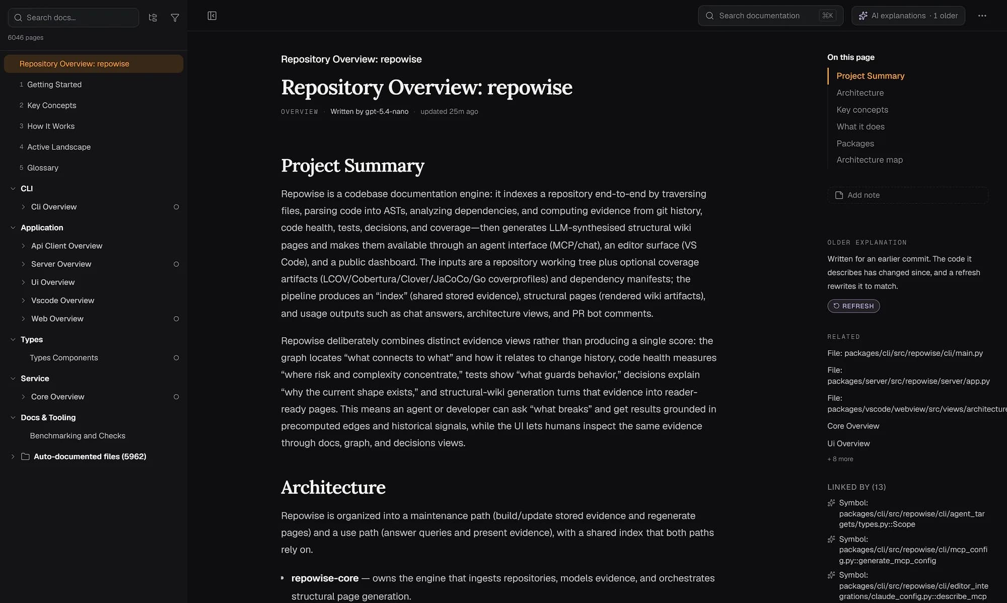The generated repository overview for repowise-dev/repowise, with the page tree, project summary and linked symbols