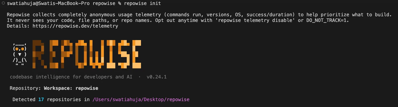 repowise init indexing a repository and writing the MCP server config